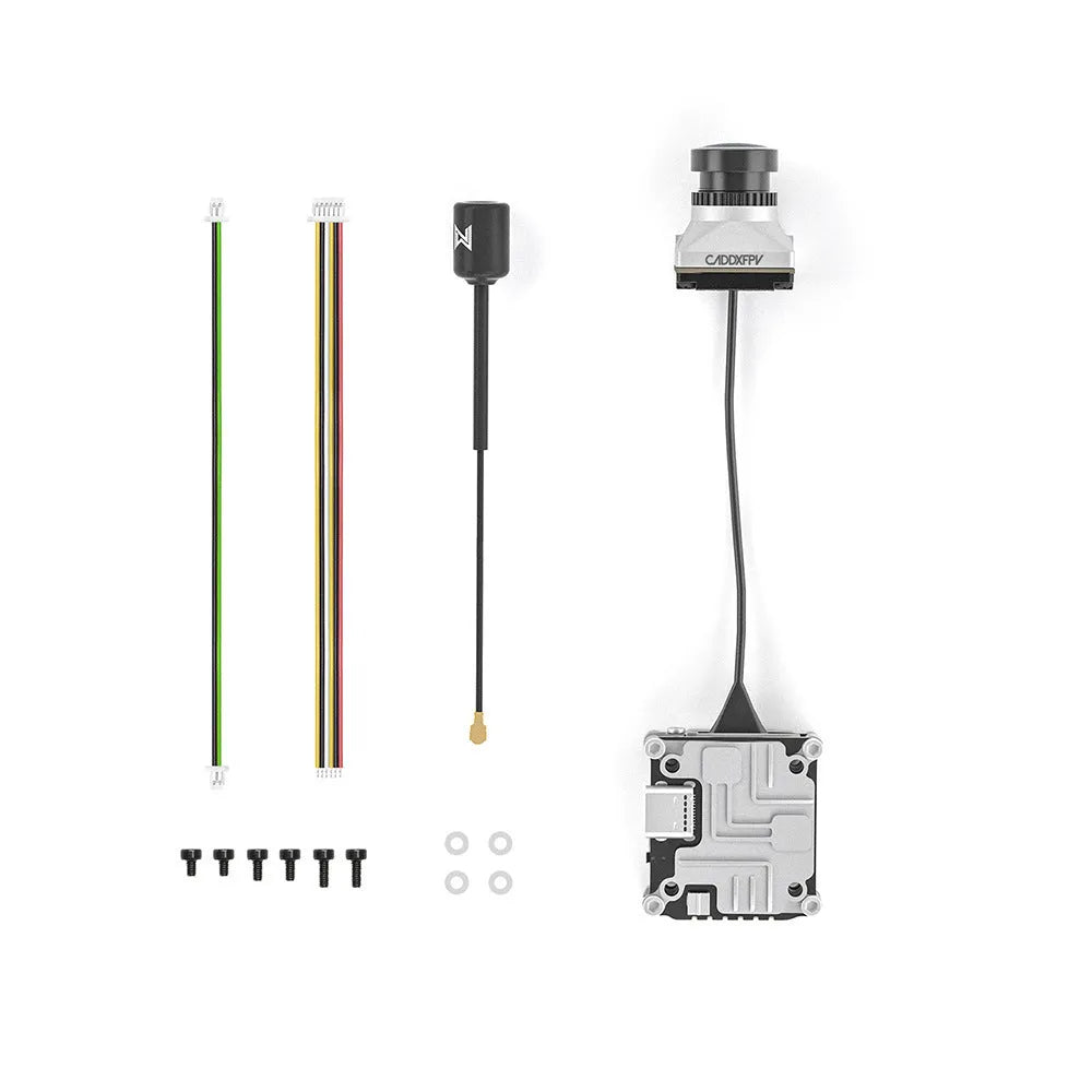 Silver Caddx ADAPTS DJI FPV digital image transmission machine kit with polar vista module, screws, and cables
