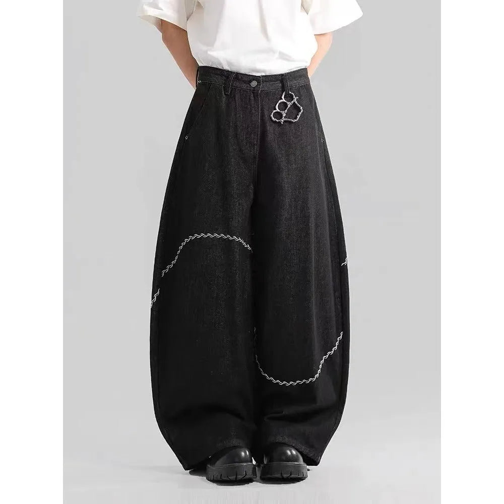 Black straight leg men's trousers with micro-elastic polyester denim fabric and zip fly