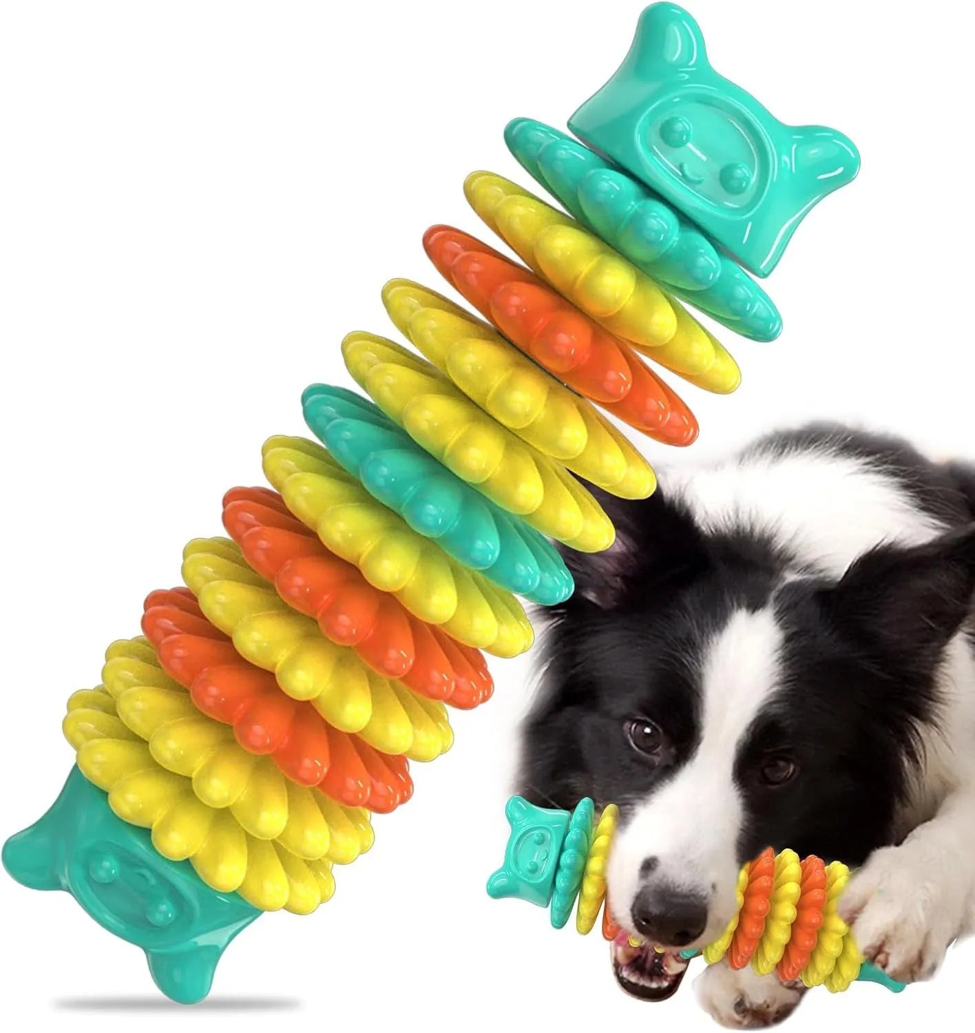 Blue caterpillar-shaped natural rubber dog chew toy for aggressive chewers measuring 17cm long