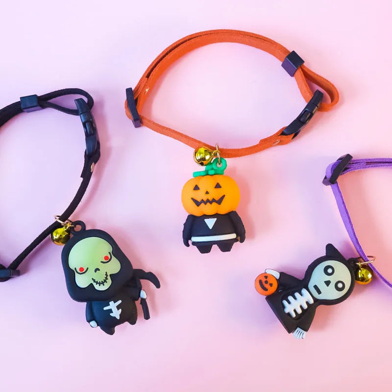 Halloween dog collar with pumpkin man and glow skull patterns in adjustable sizes