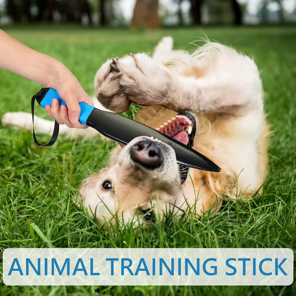 A blue and black nylon dog training break stick measuring 35cm in length.
