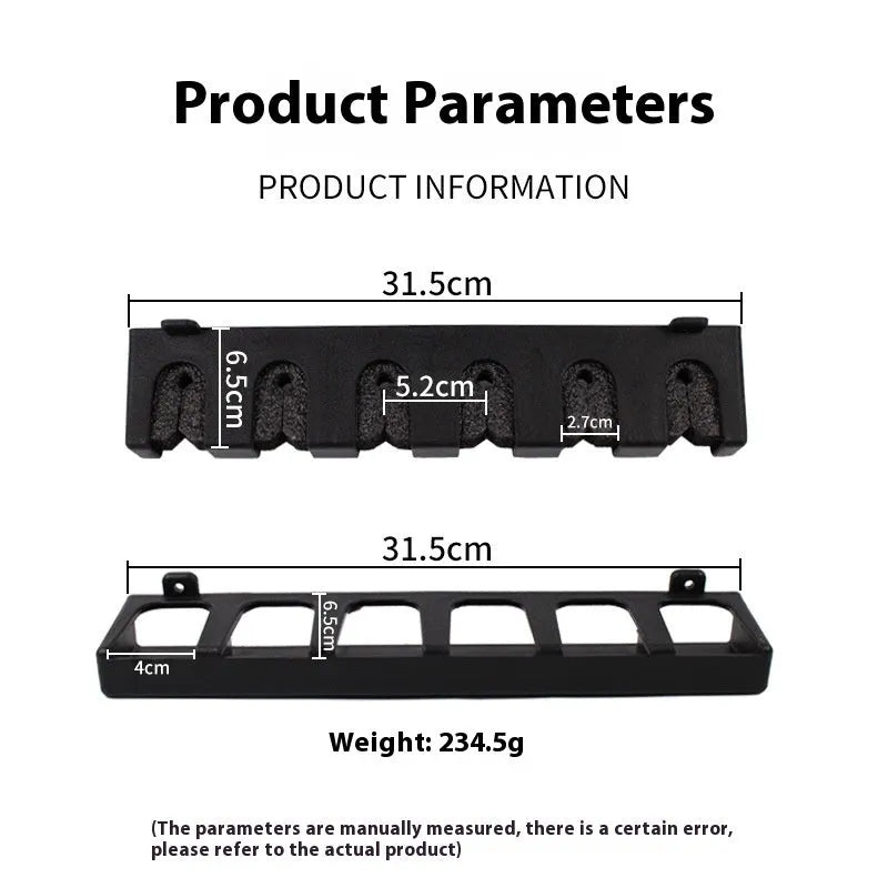 Black ABS plastic wall-mounted fishing rod holder in horizontal and upright styles