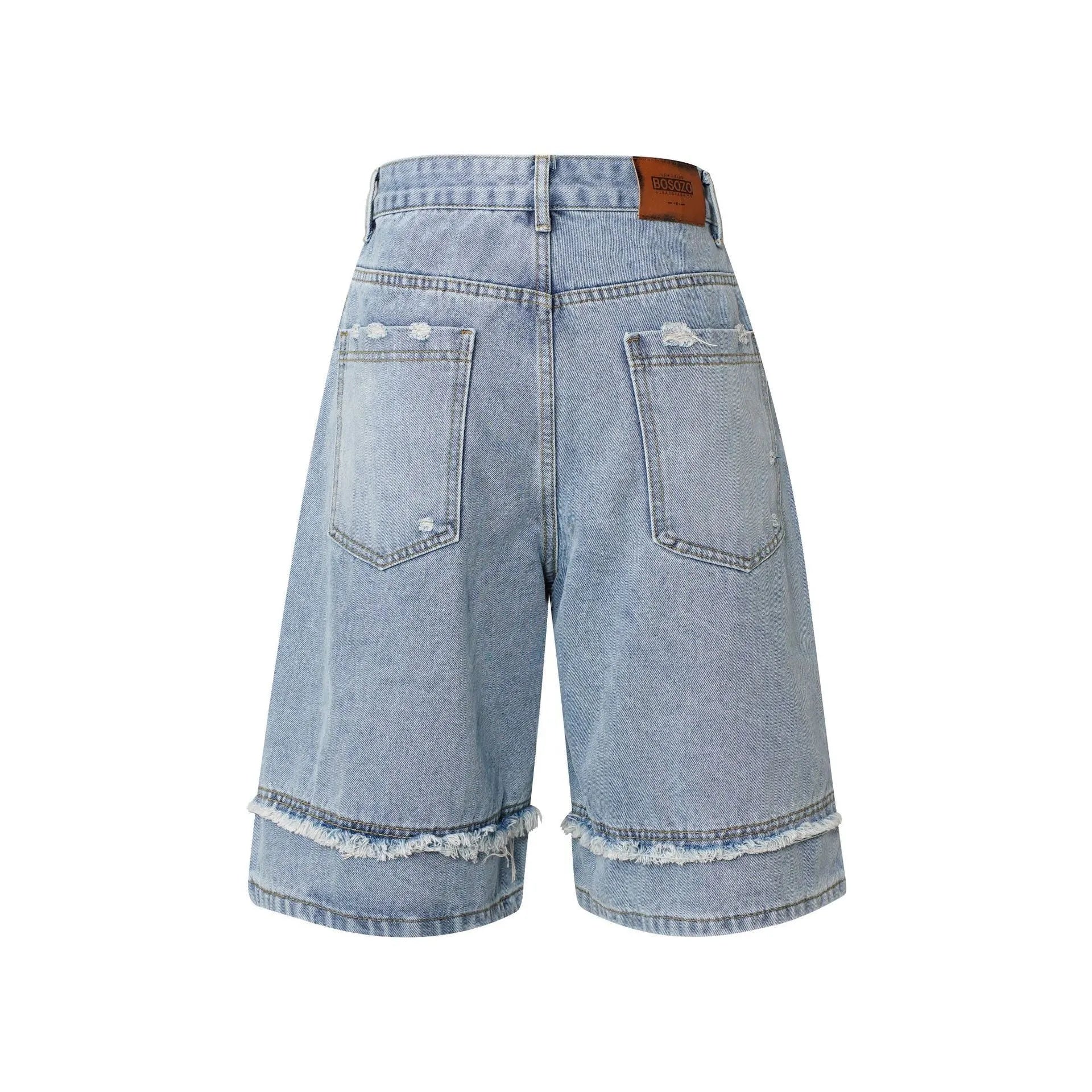 Distressed raw edge denim shorts in a straight cropped fit, shown in black, dark blue, and light blue.