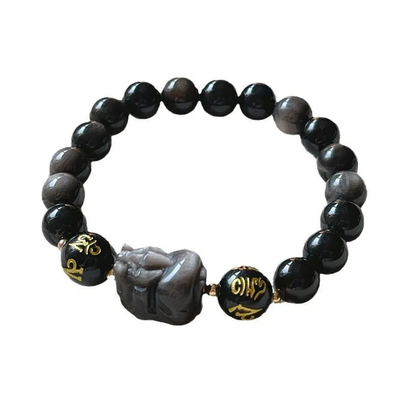 Natural Silver Stone bracelet for men with beaded design, Chinese-style zodiac elements, and proverb inscription