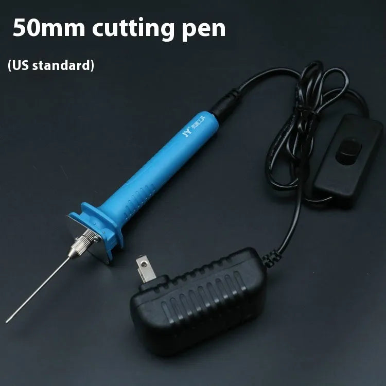 Blue plastic-handled electric hot knife cutter pen for foam with multiple blade sizes and power adapter