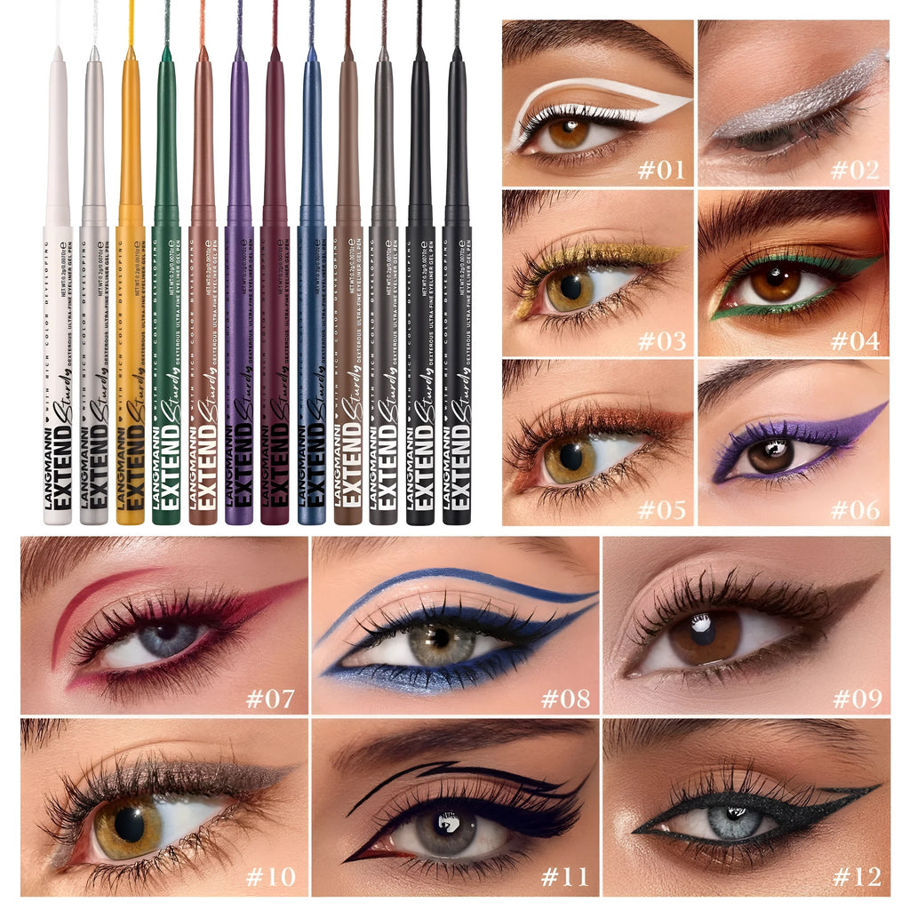 12 colourful gel glitter eyeliner pencils with waterproof formula in matte metallic pearl finishes