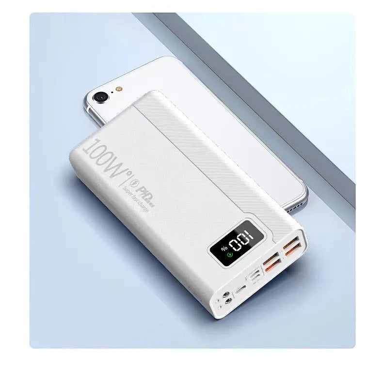 Large black and white plastic power bank showing size comparison and capacity options from 20000mAh to 50000mAh.