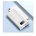 Large black and white plastic power bank showing size comparison and capacity options from 20000mAh to 50000mAh.