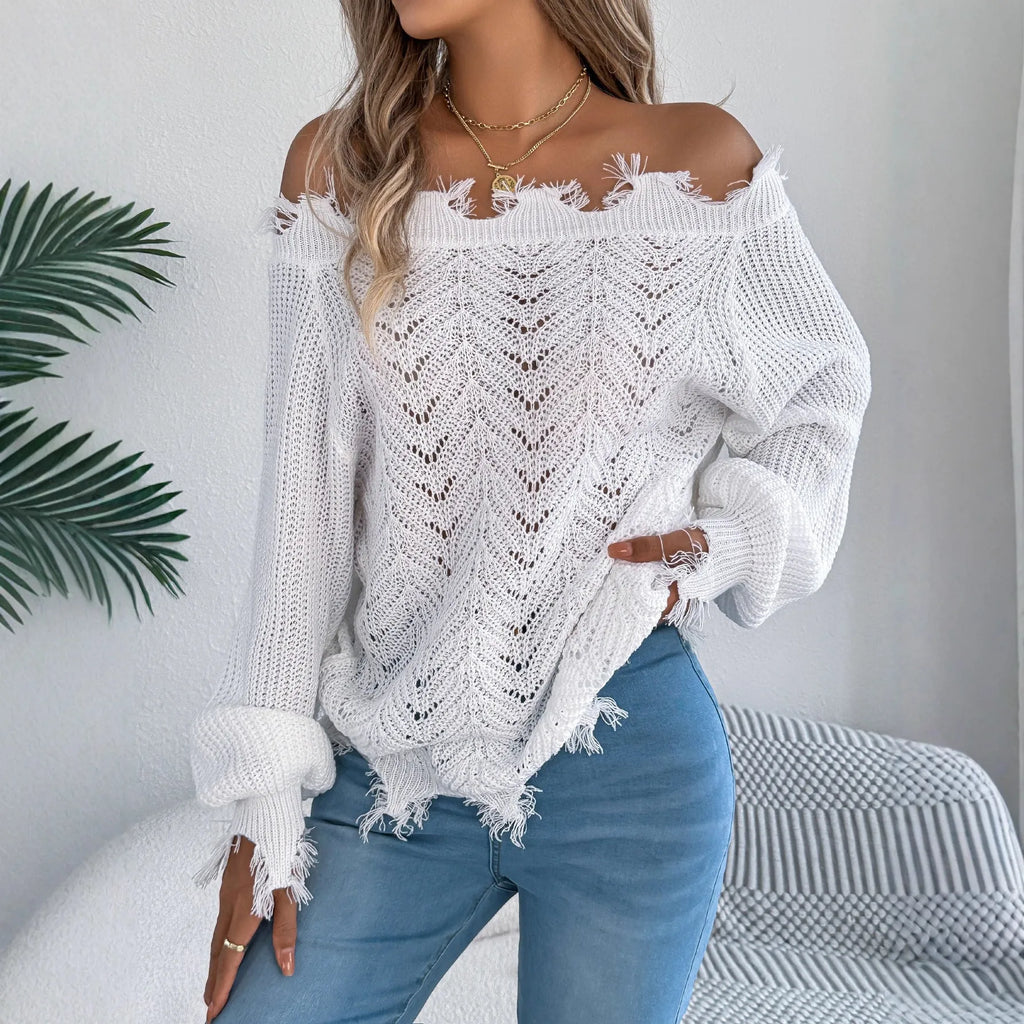 Cut off-the-shoulder acrylic sweater with hollow-out detailing in black, orange, and white colour options
