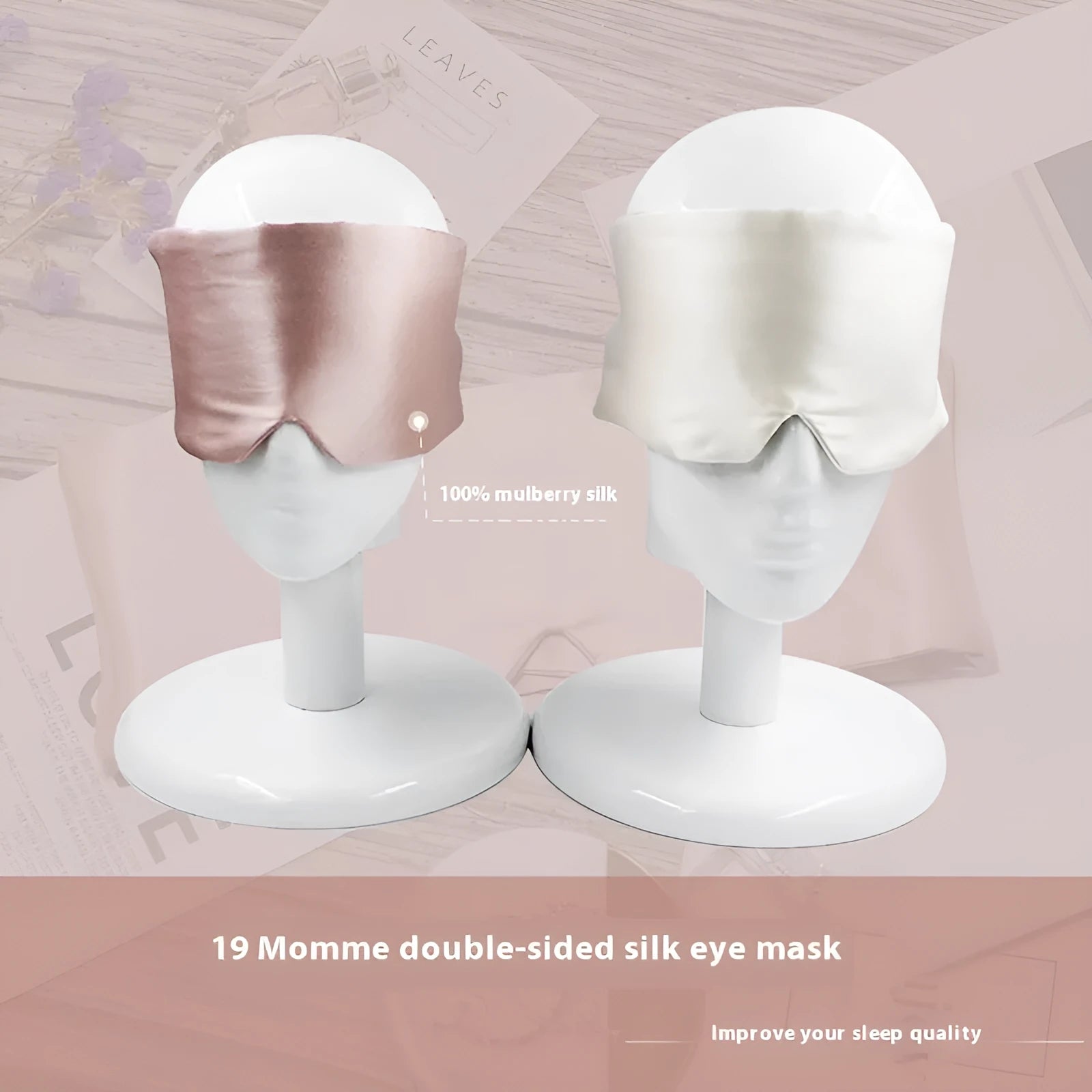 Mulberry silk sleep eye mask shown in multiple colour options on neutral background