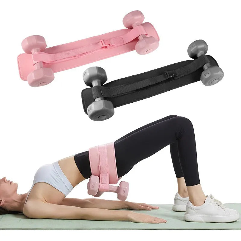 Black and pink hip bridge training belt for dumbbell and barbell exercises with lumbar support