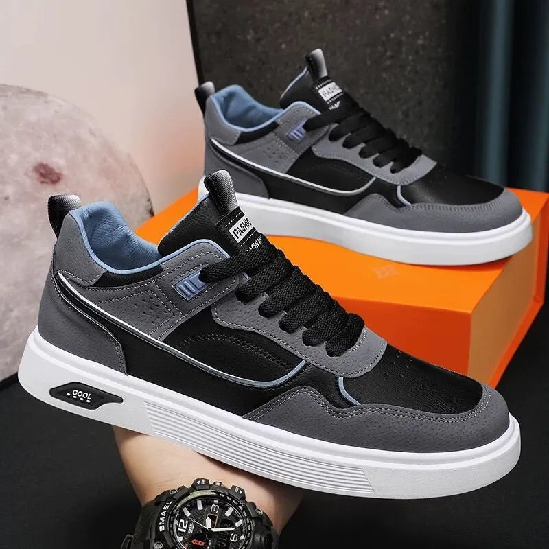 Men's solid-colour low-top canvas shoes with mesh lining and leather stitching