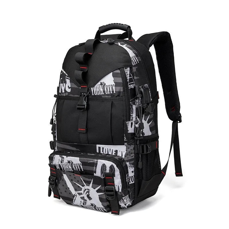 Men's black waterproof Oxford cloth hiking backpack with 56-75 litre capacity