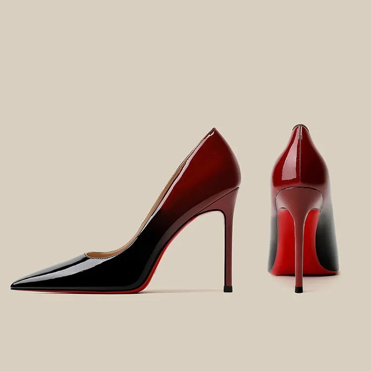 Patent leather black red gradient stiletto high heels pointed toe women's shoes