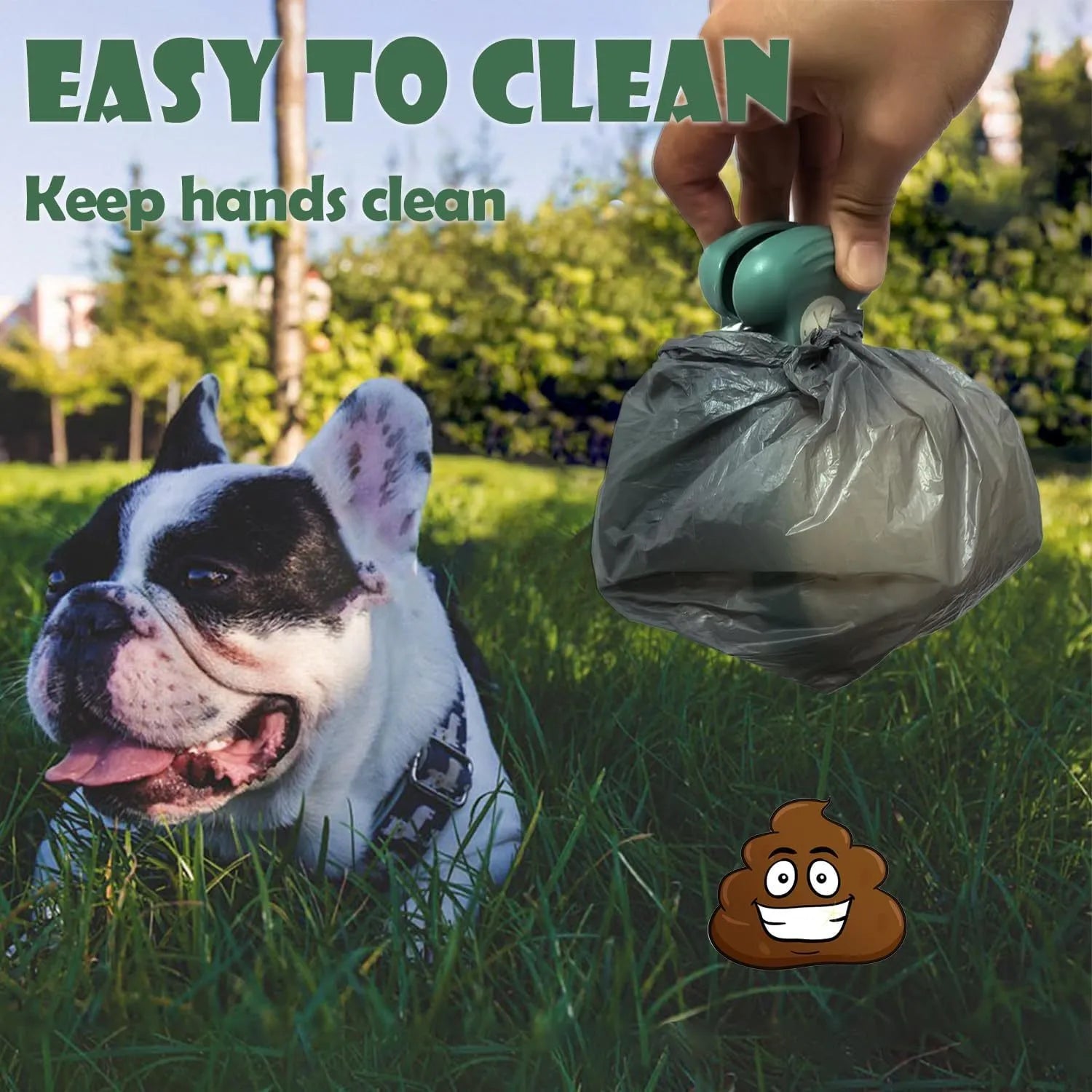 Portable handheld dog pooper scooper with carabiner clip and waste bag compartment, shown in blue, green, grey, or yellow.