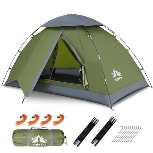Dark green automatic pop-up camping tent for two people showing dimensions and waterproof features