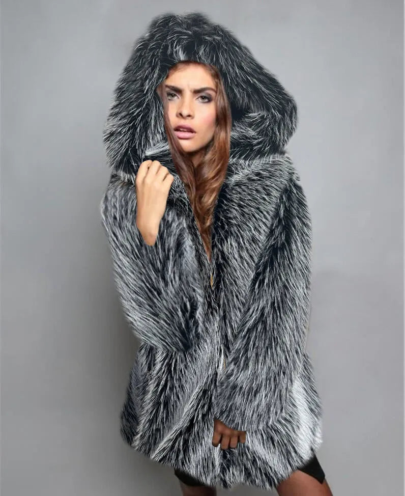 Women's loose artificial fur coat in silver grey colour with medium 65cm length
