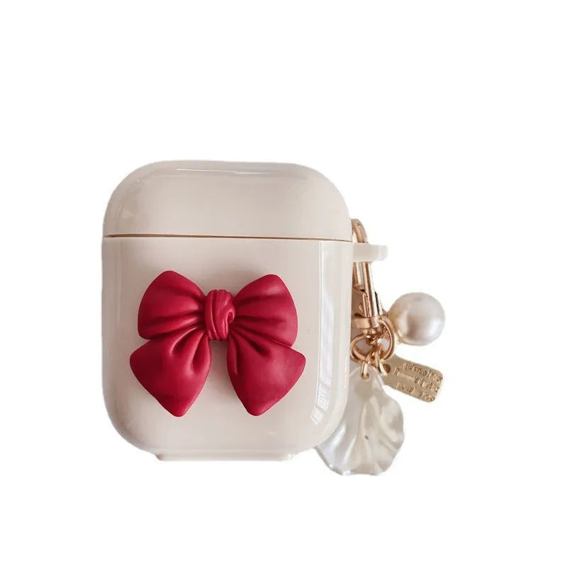 Beige red bow shell TPU case for AirPods wireless earbuds with clamshell design