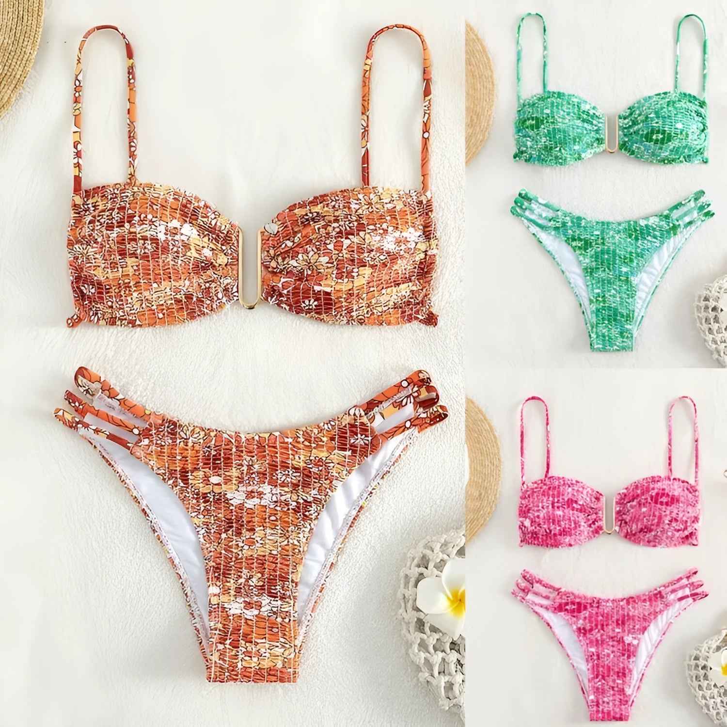 Women's floral bikini swimsuit in orange, blue and rose red colours with high-waist design
