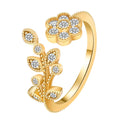 Women's copper open ring with diamond-treated flower and leaf design in gold or white colour