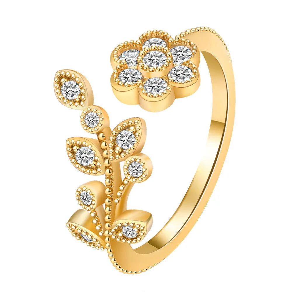 Women's copper open ring with diamond-treated flower and leaf design in gold or white colour