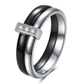 Geometric ceramic women's ring with zirconium detailing in steel black or gold white finish