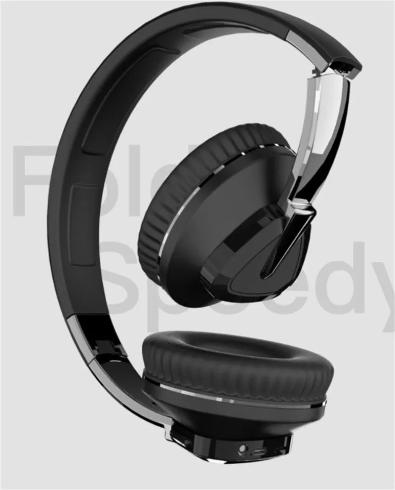 Wireless Bluetooth headset in black colour showing ear cushions with AUX audio jack and control buttons