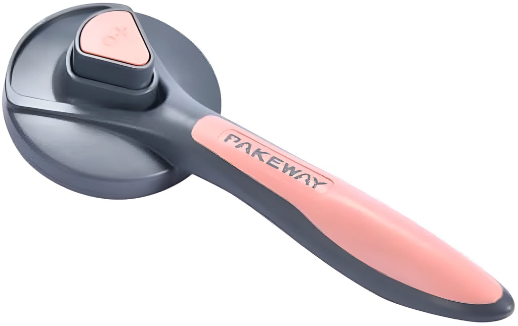 Self-cleaning slicker brush for pets in grey, green, or pink with comfort-grip handle and massage-tip bristles