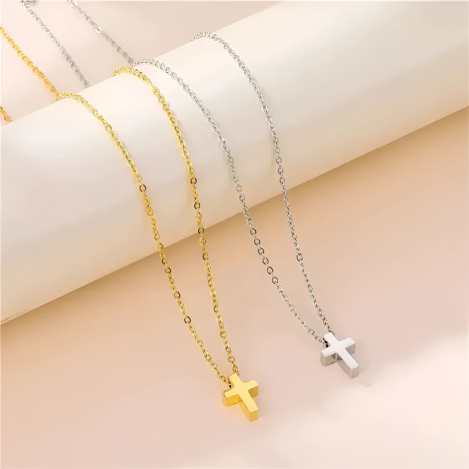 Classic titanium steel cross pendant necklace on O-ring chain in gold colour finish, adjustable 41-50cm