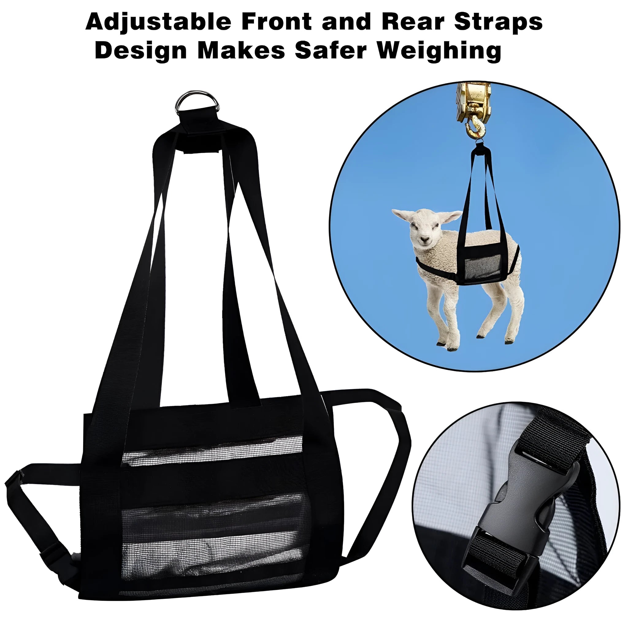 Large black calf sling for weighing and moving dogs and livestock, showing dimensions.