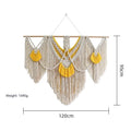 Rectangular creamy white cotton tapestry with colour woven details measuring 120cm by 95cm