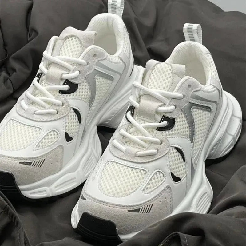 Beige mesh sports shoes with wedge heel and lace-up front in size 35-40