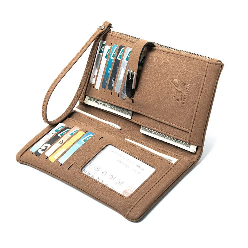 Long female wallet simple clutch in PU leather, solid brown colour, showing slim 19.5cm by 11cm design
