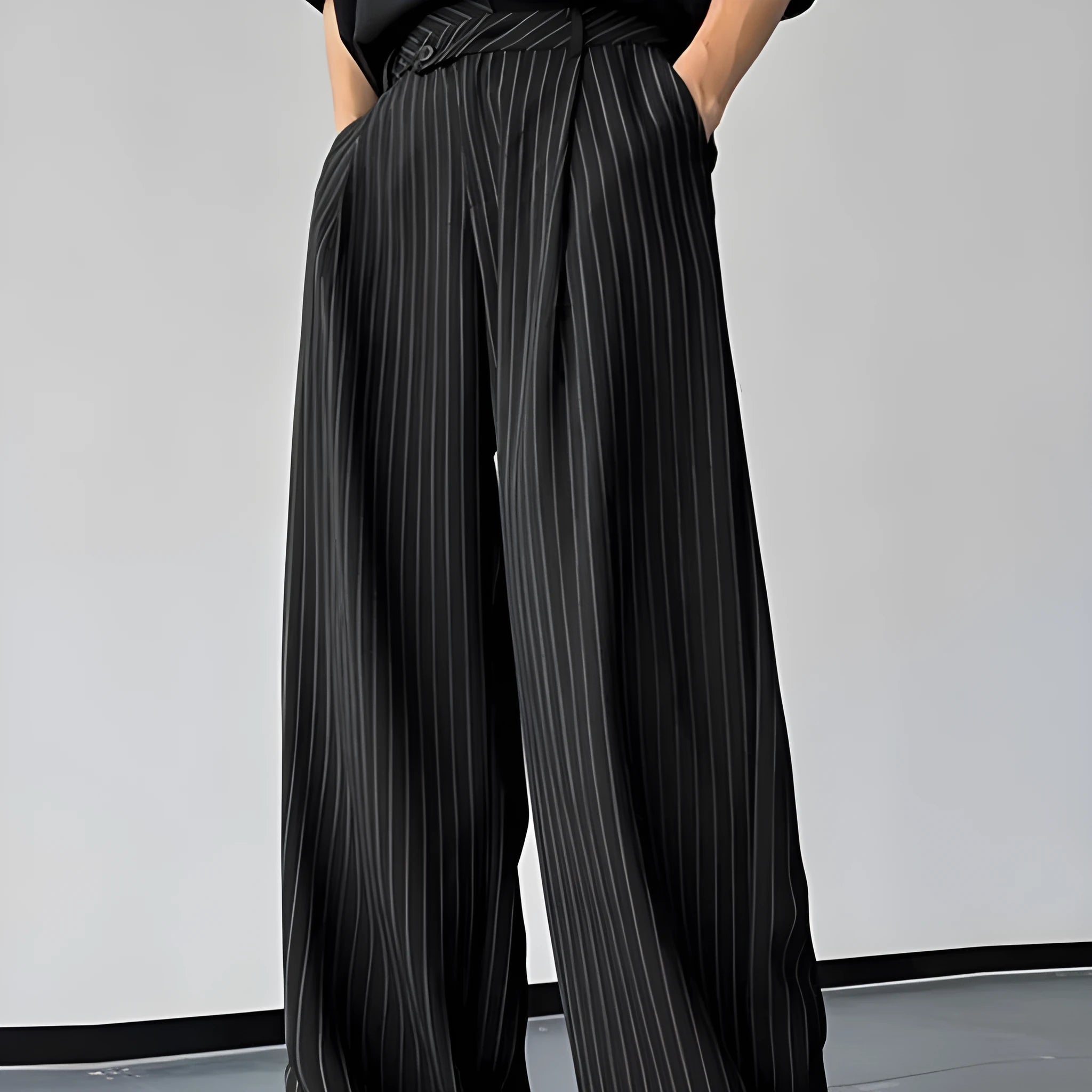 Black men's casual trousers with vertical stripes and pleated detailing