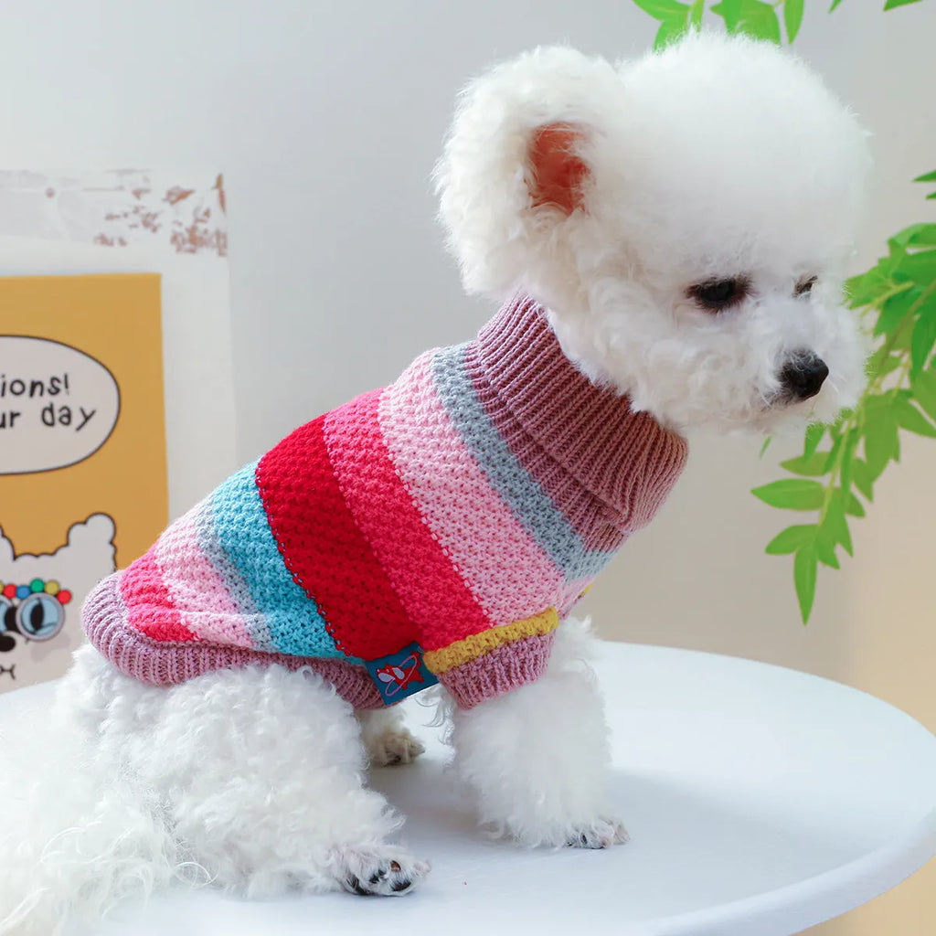 Colourful striped acrylic pet sweater for dogs and cats, five sizes XS to XL