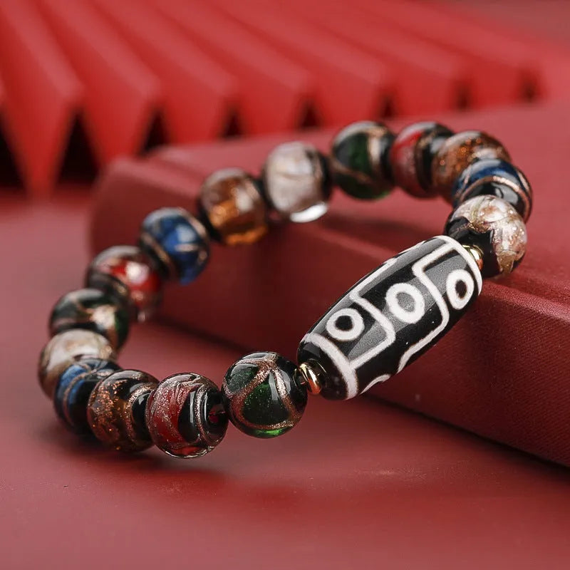 Colourful Chinese style coloured glaze bracelet with auspicious patterns, showing bead size options.