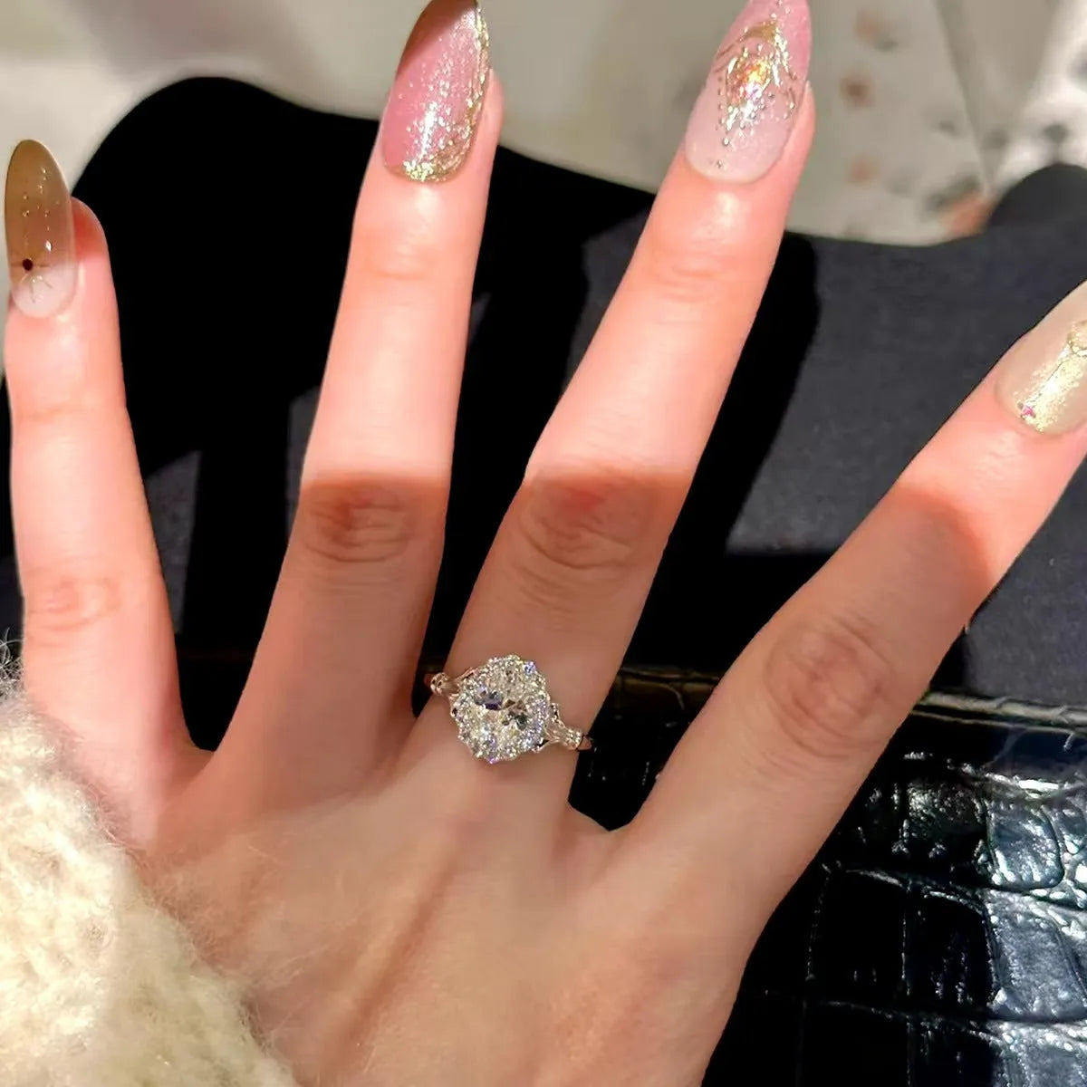 Silver geometric ellipse bridal bouquet diamond ring with adjustable opening