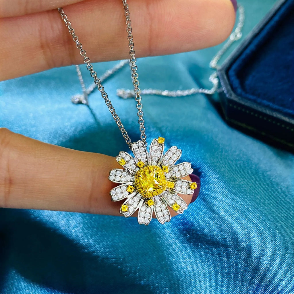 Women's fully-jewelled flower pendant necklace in yellow on silver chain