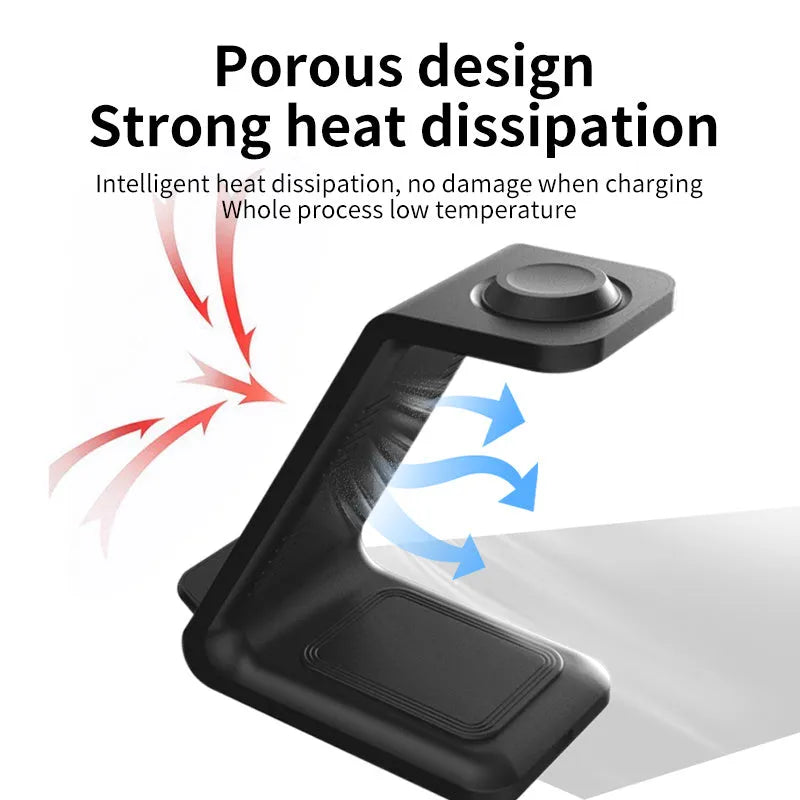 White 3-in-1 upright wireless phone charger stand with dual-coil design and Type-C cable