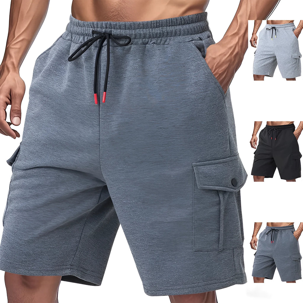 Men's heavy loose casual multi-pocket sports cargo shorts in terry fabric available in light grey, black, and dark grey