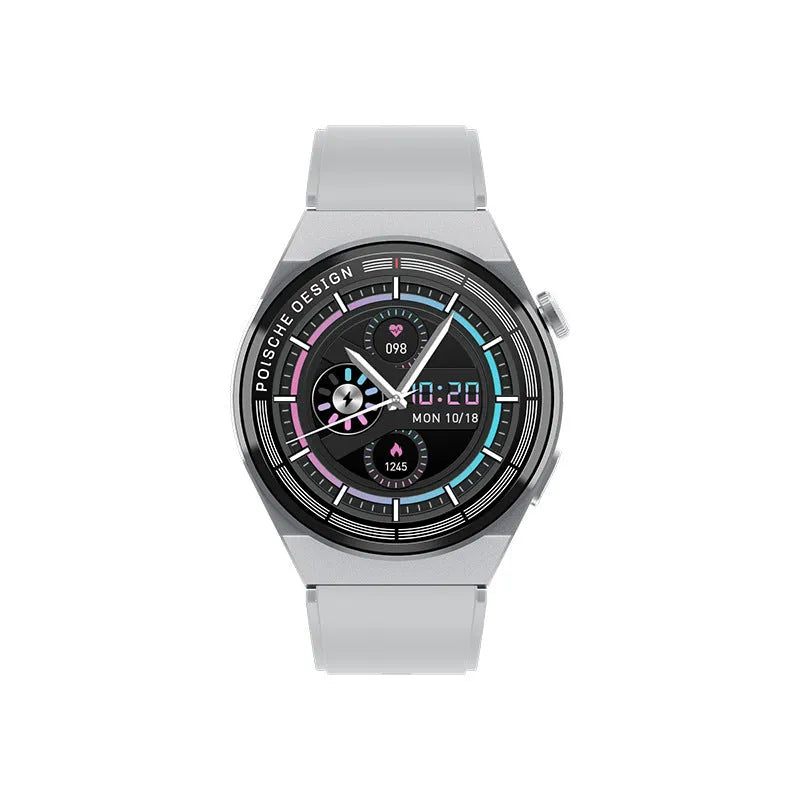Black smartwatch with a circular 1.39-inch screen on a silicone strap, showing NFC and health icons.