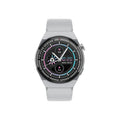 Black smartwatch with a circular 1.39-inch screen on a silicone strap, showing NFC and health icons.