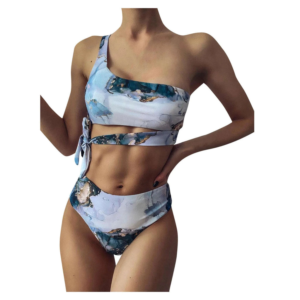 Women's marble tie-dye high waist bikini with U-neck top in blue colour variation