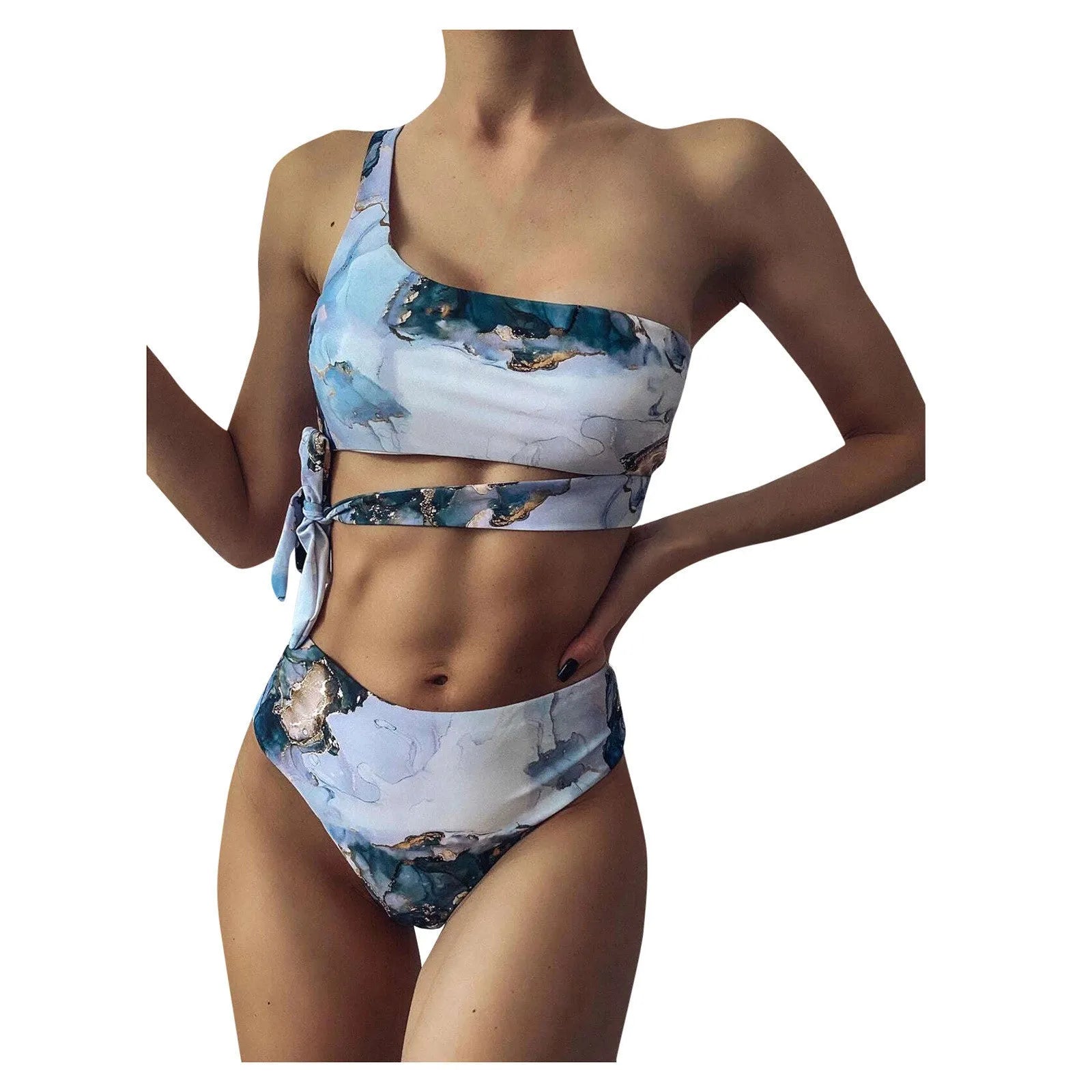 Women's marble tie-dye high waist bikini with U-neck top in blue colour variation