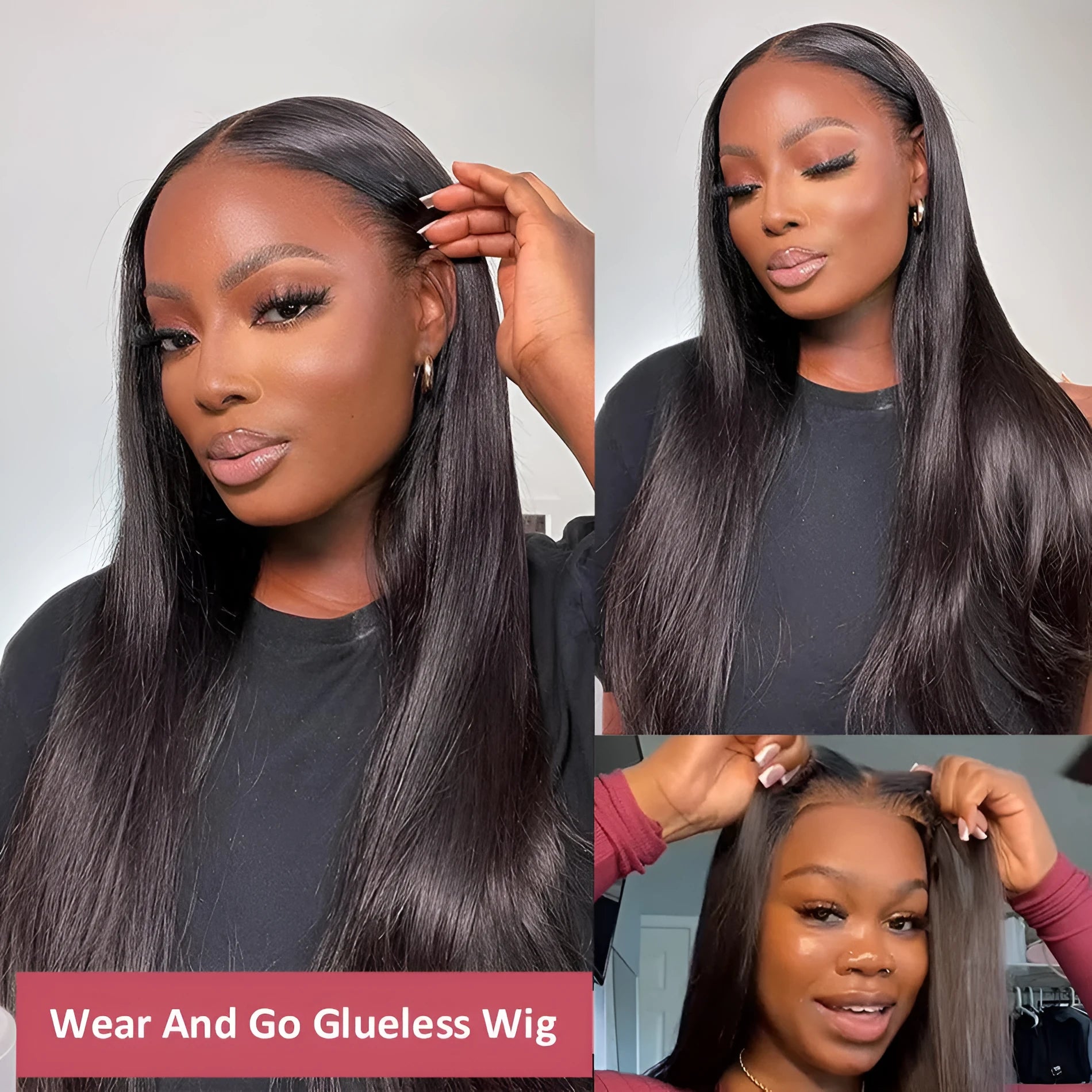 A natural-looking, straight, glueless human hair wig with side bangs, shown in various lengths.
