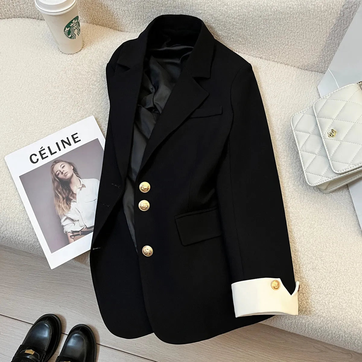 Women's Korean style coat in beige or black with 65cm length and loose fit design