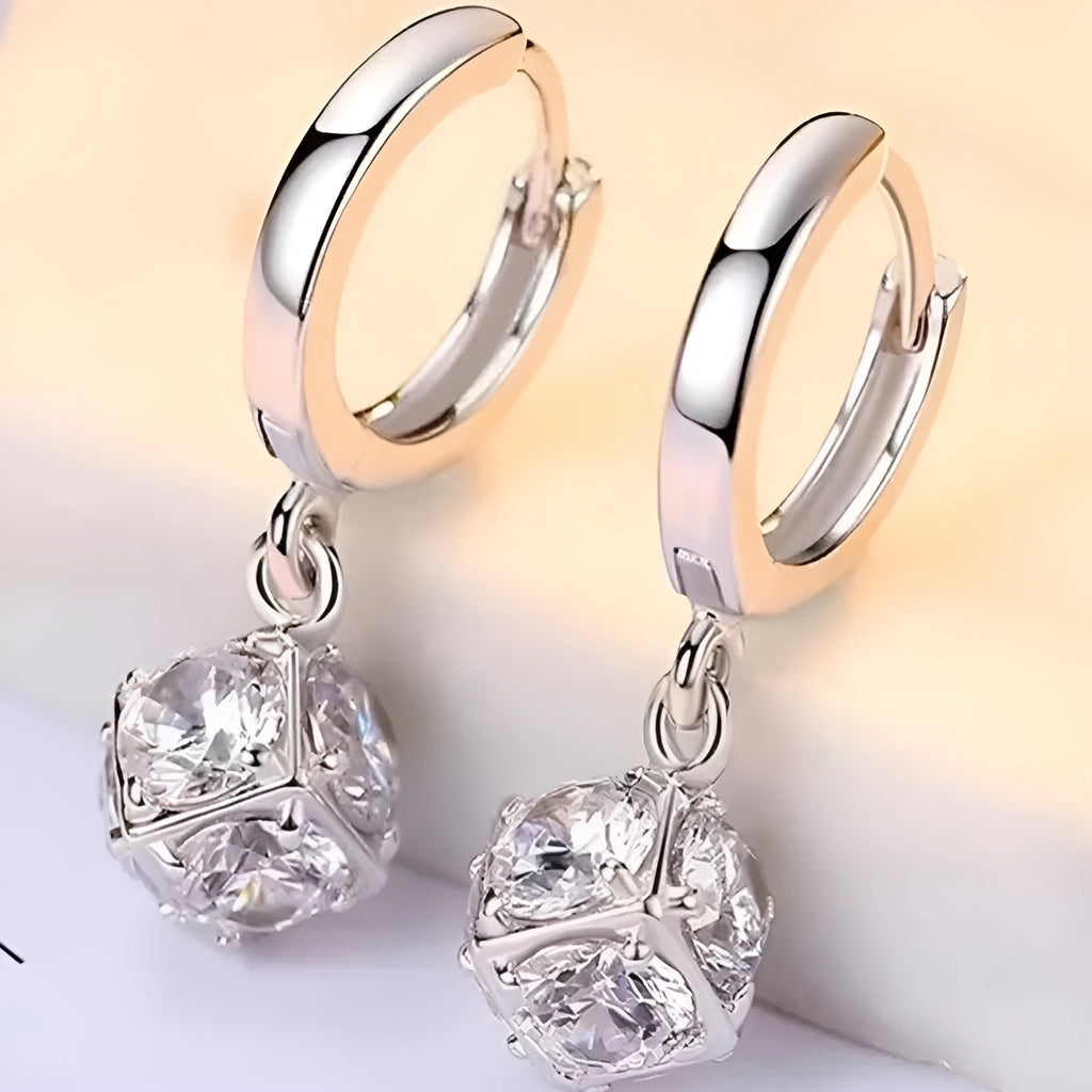 Women's copper geometric drop earrings with rose design and zircon accents in electroplated finish