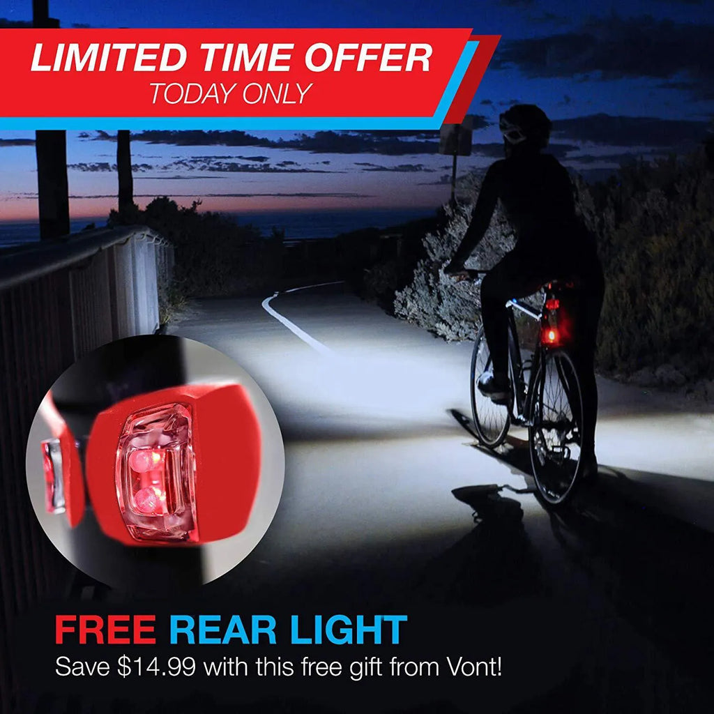 Bicycle front headlight and rear taillight set with universal mounting bracket on a bike.