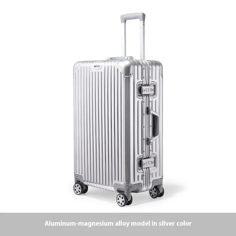 Alloy trolley case luggage in silver colour with metal frame and universal wheels for business travel