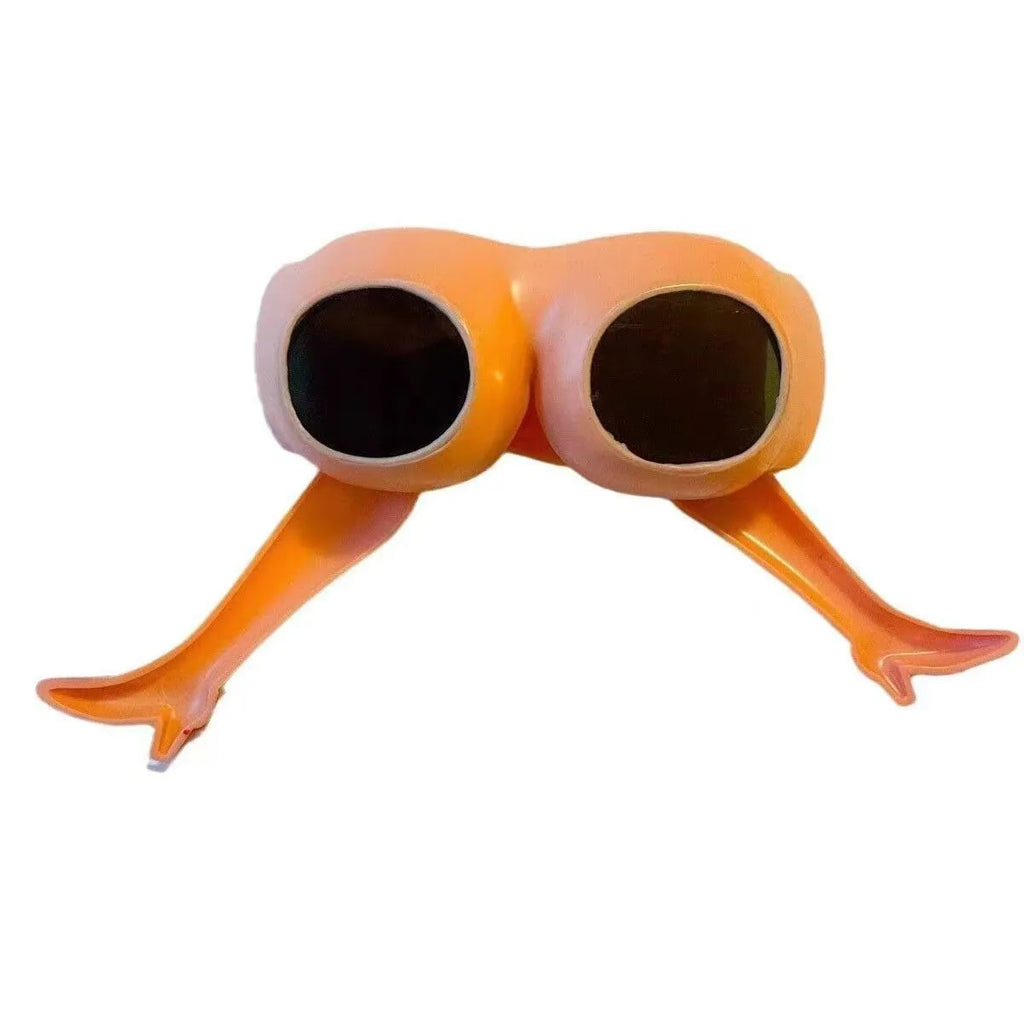 Orange plastic novelty sunglasses with leg hip design and oversize frame dimensions